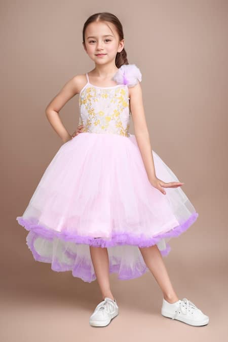 Petite Pomme Pink Net Beads High Low Embellished Dress 