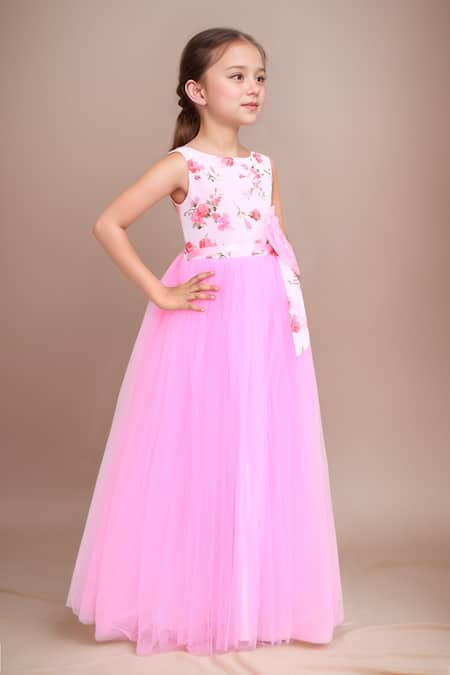 Shop_Petite Pomme_Pink Georgette, Net Fabric Flowers, Applique Floral Embellished Girls Gown _Online_at_Aza_Fashions