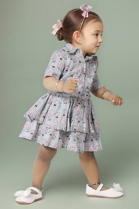 Shop_Petite Pomme_Blue Linen Tiered Giraffe Print Girls Dress _Online_at_Aza_Fashions