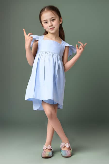 Petite Pomme Blue Linen Dress with Ruffled Sleeves 