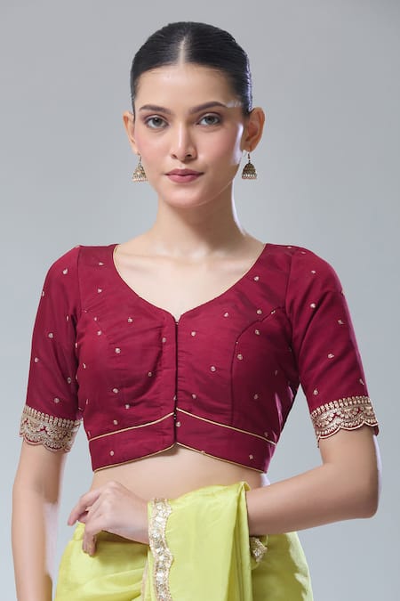 Naintara Bajaj Maroon Silk Sequins, Zari Embroidered Saree Blouse 