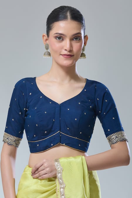 Naintara Bajaj Blue Silk Sequins, Zari Round Neck Navy Scallop Sleeve Saree Blouse 
