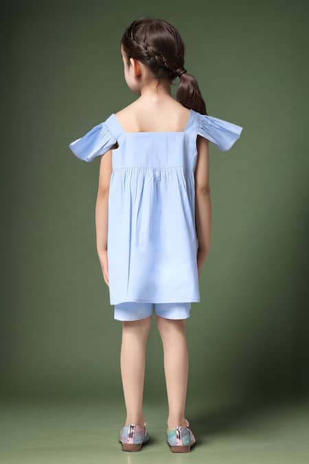 Petite Pomme Blue Linen Dress with Ruffled Sleeves 