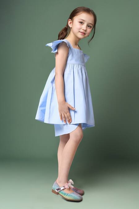 Shop_Petite Pomme_Blue Linen Dress With Ruffled Sleeves _Online_at_Aza_Fashions