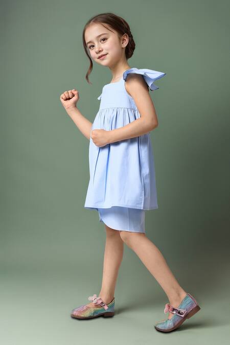 Petite Pomme_Blue Linen Dress With Ruffled Sleeves _at_Aza_Fashions