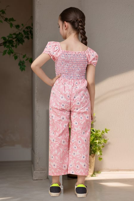 Petite Pomme Floral Smocking Jumpsuit with Bow 