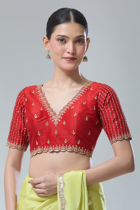 Buy_Samyukta Singhania_Red Silk Sequins, Zari Scoop Neck Dark Stripe Saree Blouse _at_Aza_Fashions