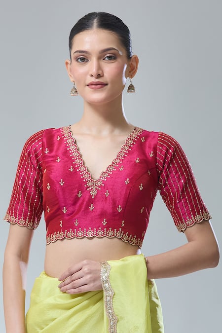 Buy Samyukta Singhania Magenta , Chanderi Sequins, Zari Scoop Floral Embroidered Saree Blouse at Aza Fashions Buy_Samyukta Singhania_Magenta , Chanderi Sequins, Zari Scoop Floral Embroidered Saree Blouse _at_Aza_Fashions