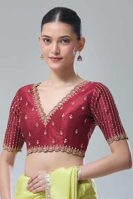 Buy Samyukta Singhania Maroon Silk Sequins, Zari V-neck Scallop Embroidered Blouse at Aza Fashions Buy_Samyukta Singhania_Maroon Silk Sequins, Zari V-neck Scallop Embroidered Blouse _at_Aza_Fashions