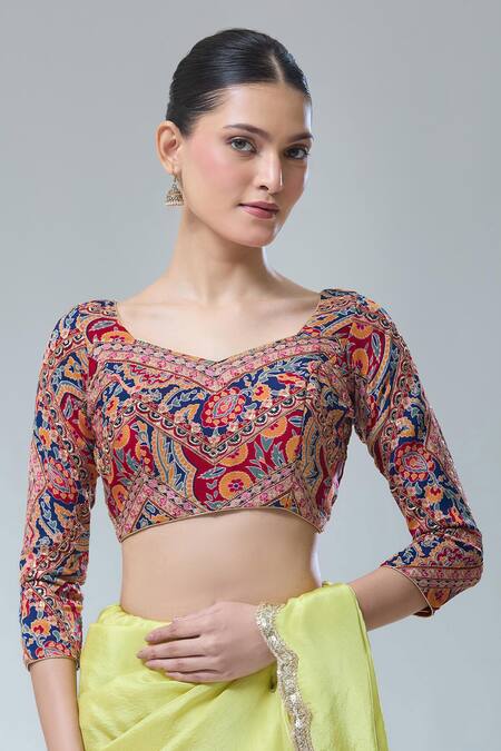 Samyukta Singhania Maroon Georgette Sequins, Embroidery Florette Print Saree Blouse