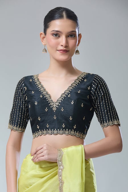 Buy Samyukta Singhania Black Silk Scoop Neck Zari Thread Embroidered Saree Blouse at Aza Fashions Buy_Samyukta Singhania_Black Silk Scoop Neck Zari Thread Embroidered Saree Blouse _at_Aza_Fashions