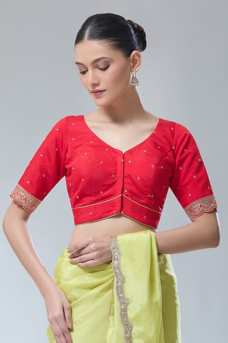Naintara Bajaj Red Silk Sequins, Zari Open Neck Embroidered Saree Blouse