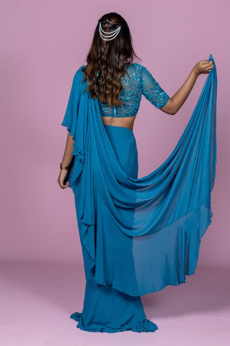 Damoiselle Pre-Draped Ruffle Saree With Embroidered Blouse 