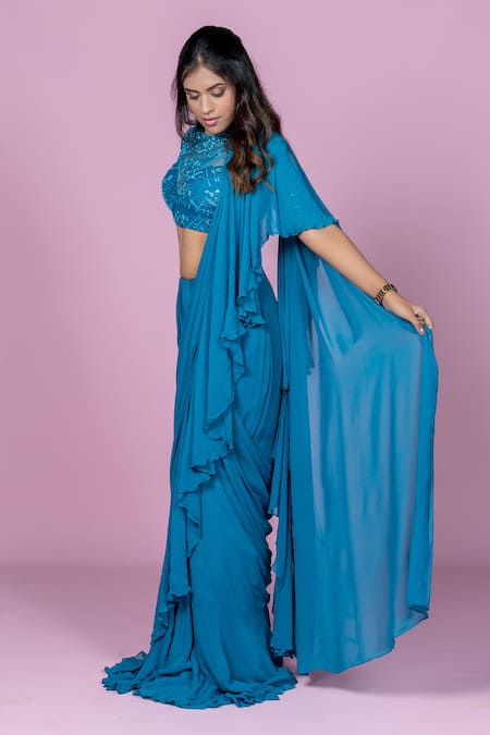 Buy_Damoiselle_Teal Georgette, Net, Cotton, Lycra, Pre-draped Ruffle Saree With Blouse _Online_at_Aza_Fashions