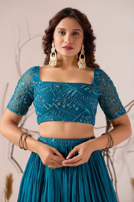 Damoiselle_Blue Georgette, Net Sequins, Beads, Ruffles Neelkamal Embellished Lehenga Set _Online_at_Aza_Fashions