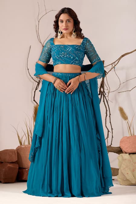 Buy_Damoiselle_Blue Georgette, Net Sequins, Beads, Ruffles Neelkamal Embellished Lehenga Set _Online_at_Aza_Fashions