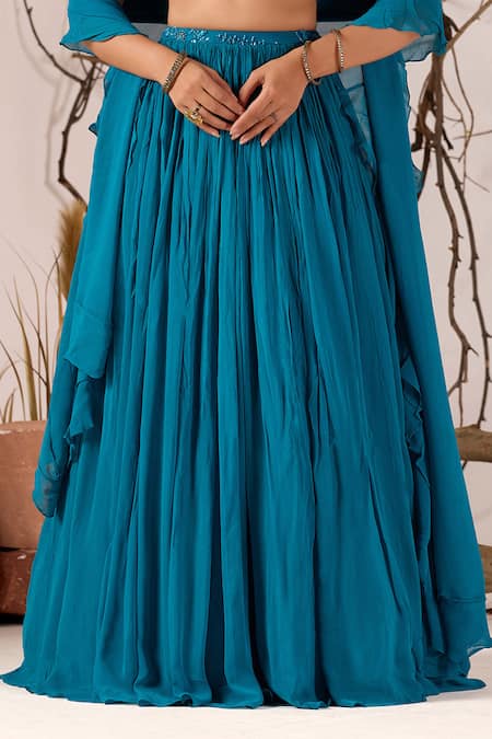 Shop_Damoiselle_Blue Georgette, Net Sequins, Beads, Ruffles Neelkamal Embellished Lehenga Set _Online_at_Aza_Fashions