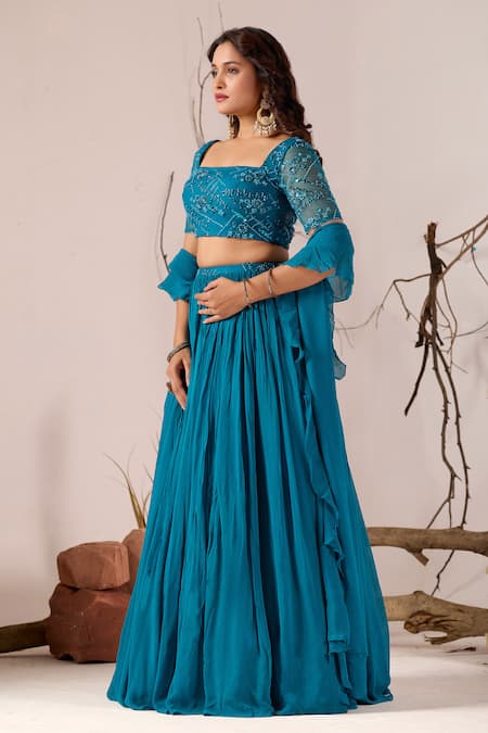 Damoiselle_Blue Georgette, Net Sequins, Beads, Ruffles Neelkamal Embellished Lehenga Set _at_Aza_Fashions