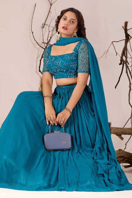 Buy_Damoiselle_Blue Georgette, Net Sequins, Beads, Ruffles Neelkamal Embellished Lehenga Set 