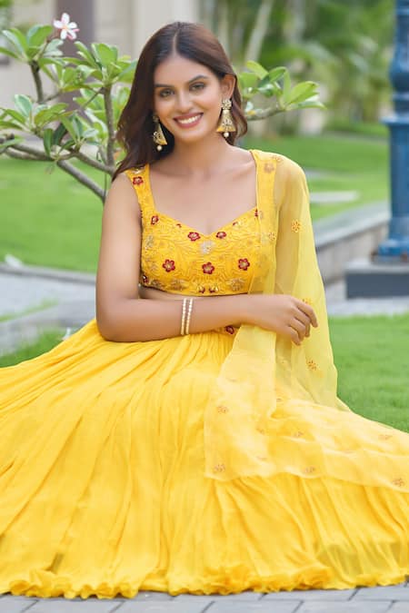 Shop_Damoiselle_Yellow Georgette, Net, Organza, Shantoon Sequins, Beads, Marigold Lehenga Set _Online_at_Aza_Fashions