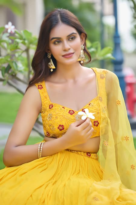 Damoiselle_Yellow Georgette, Net, Organza, Shantoon Sequins, Beads, Marigold Lehenga Set _at_Aza_Fashions