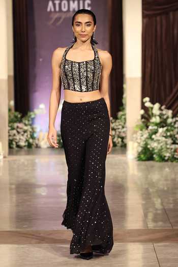Basanti Kapde aur Koffee Mirror Work Corset & Mukaish Sharara Set 
