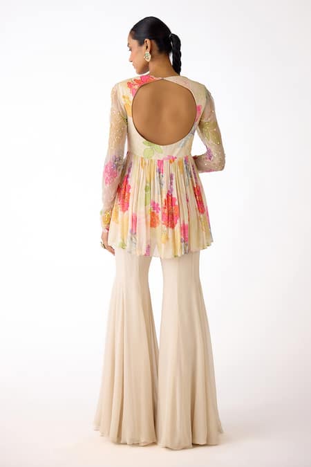 Basanti - Kapde Aur Koffee Printed & Embroidered Peplum Kurta Sharara Set 