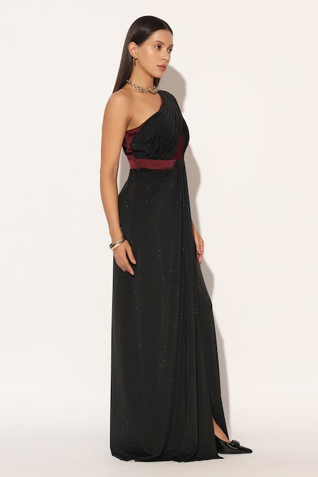 Buy Linetribe_ Maroon Lycra One Shoulder Orivyn Gown Online at Aza Fashions Buy_Linetribe__Maroon Lycra One Shoulder Orivyn Gown _Online_at_Aza_Fashions