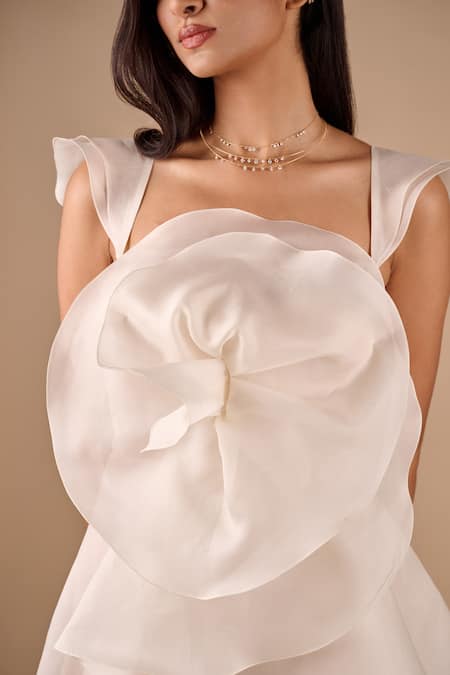 Shriya Som_Ivory Organza Ruffles, Fabric Flowers Bandeau Neck Rose Dress _Online_at_Aza_Fashions