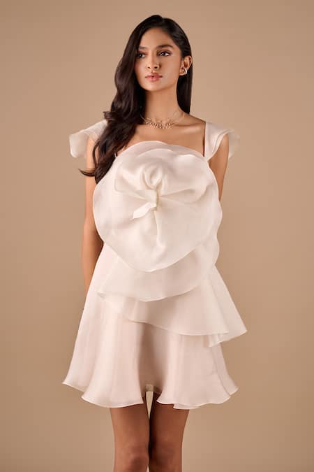 Buy_Shriya Som_Ivory Organza Ruffles, Fabric Flowers Bandeau Neck Rose Dress _Online_at_Aza_Fashions