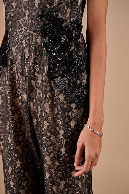 Buy_Shriya Som_Black Lace Embroidery, Sequins Round Neck Jumpsuit _Online_at_Aza_Fashions