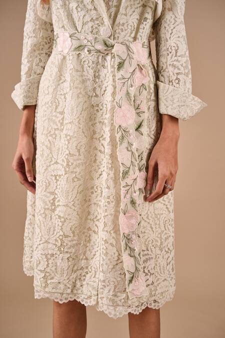 Buy_Shriya Som_Mint Lace, Organza Embroidery Collared, V-neck Floral Trench Dress With Belt _Online_at_Aza_Fashions