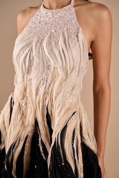 Shop_Shriya Som_Black Organza Sequins Halter Neck Textured Mini Dress _Online_at_Aza_Fashions