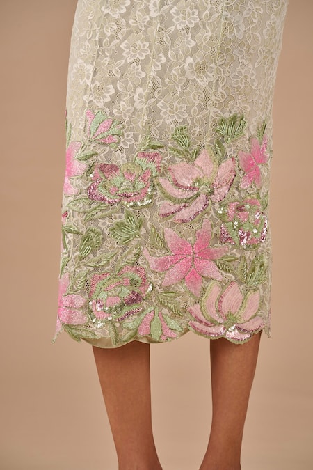 Shriya Som_Mint Lace Embroidery, Sequins Bandeau Neck Cutwork Midi Dress _Online_at_Aza_Fashions