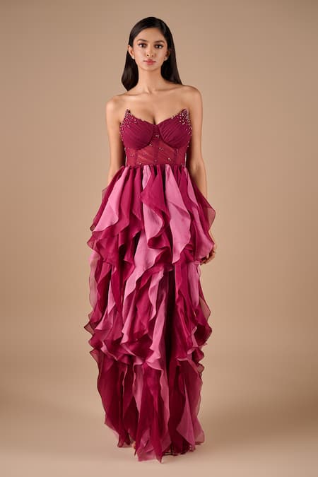 Shriya Som Burgundy Organza Beads Bandeau Neck Corset Ruffle Gown Online at Aza Fashions Shriya Som_Burgundy Organza Beads Bandeau Neck Corset Ruffle Gown _Online_at_Aza_Fashions