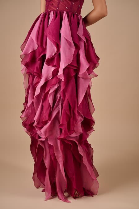 Shop Shriya Som Burgundy Organza Beads Bandeau Neck Corset Ruffle Gown Online at Aza Fashions Shop_Shriya Som_Burgundy Organza Beads Bandeau Neck Corset Ruffle Gown _Online_at_Aza_Fashions