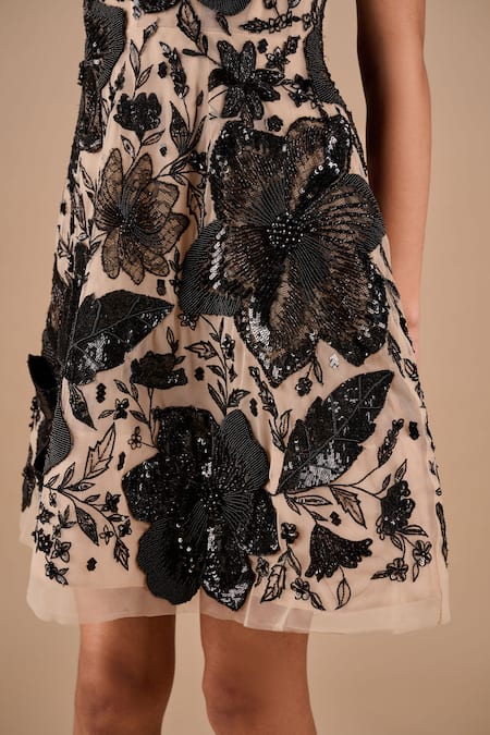 Buy_Shriya Som_Black Tulle Beads, Sequins, Fabric Flowers Bandeau 3d Floral Beaded Mini Dress _Online_at_Aza_Fashions