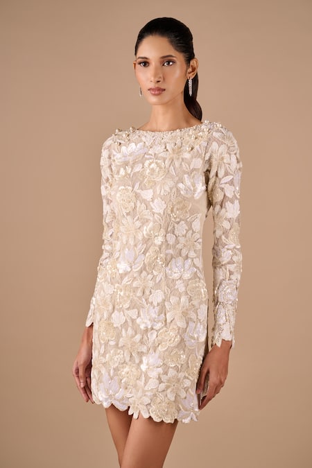 Shriya Som_Beige Lace Embroidery, Beads, Pearls, Sequins Boat Neck, Floral Bodycon Dress _Online_at_Aza_Fashions