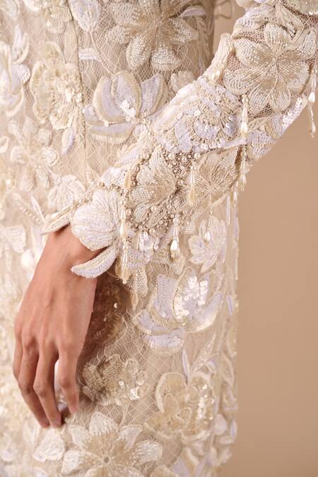 Buy_Shriya Som_Beige Lace Embroidery, Beads, Pearls, Sequins Boat Neck, Floral Bodycon Dress _Online_at_Aza_Fashions