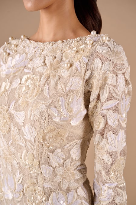 Shop_Shriya Som_Beige Lace Embroidery, Beads, Pearls, Sequins Boat Neck, Floral Bodycon Dress _Online_at_Aza_Fashions