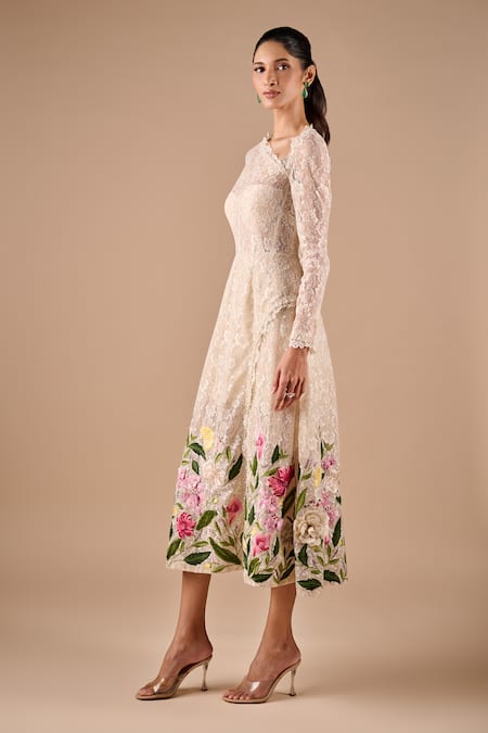 Shriya Som_Multi Color Lace Embroidery, Beads Asymmetric Floral Midi Dress _Online_at_Aza_Fashions