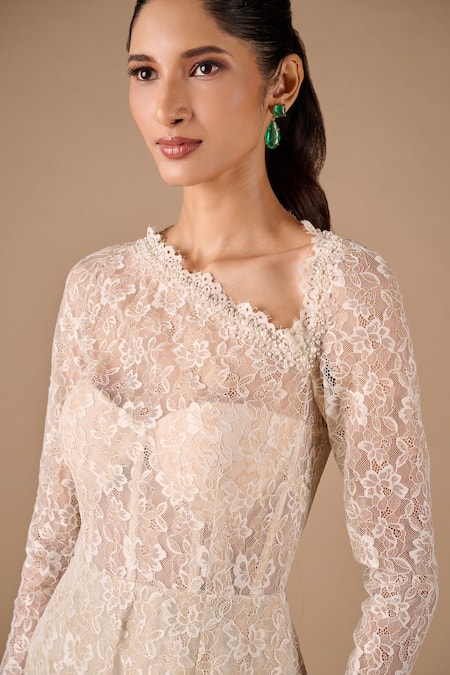 Buy_Shriya Som_Multi Color Lace Embroidery, Beads Asymmetric Floral Midi Dress _Online_at_Aza_Fashions