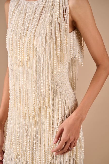 Buy_Shriya Som_Ivory Tulle Pearls, Fringe Round , Scoop Dress _Online_at_Aza_Fashions