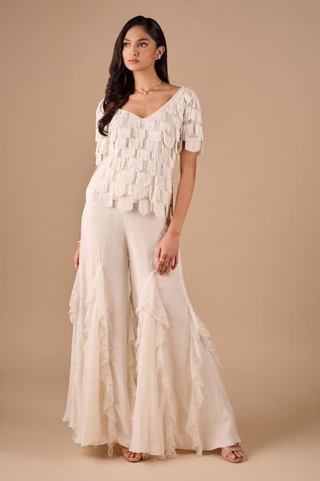 Shriya Som Scallop Fringe Top & Lace Ruffle Godet Pant Set 
