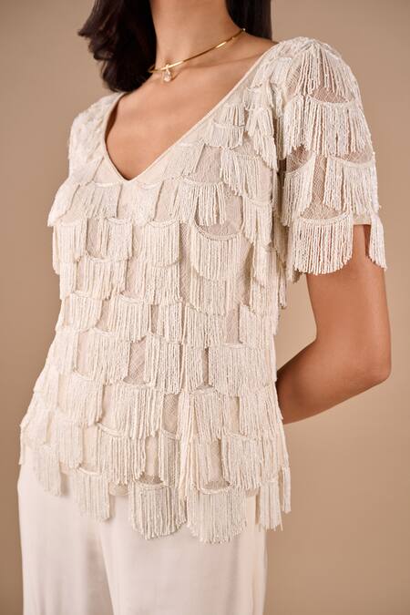 Shriya Som_Ivory Chiffon Fringe, Beads, Lace, Ruffles Scallop Top And Godet Pant Set _Online_at_Aza_Fashions