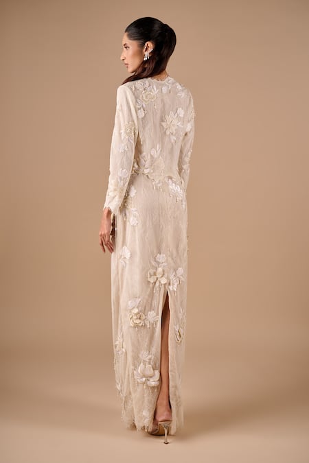 Shriya Som Floral Fringe Lace Jacket & Skirt Set 