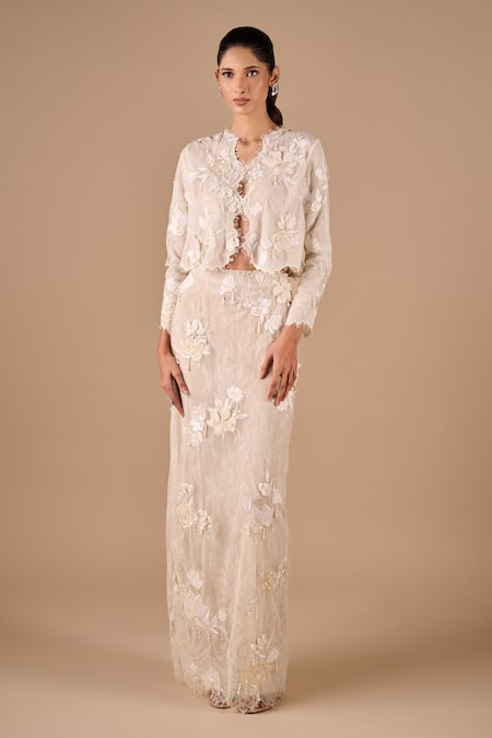 Shriya Som Floral Fringe Lace Jacket & Skirt Set 