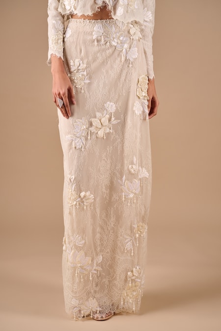 Shriya Som_Ivory Lace Embroidery, Sequins, Pearls, Applique, Floral Jacket And Skirt Set _Online_at_Aza_Fashions