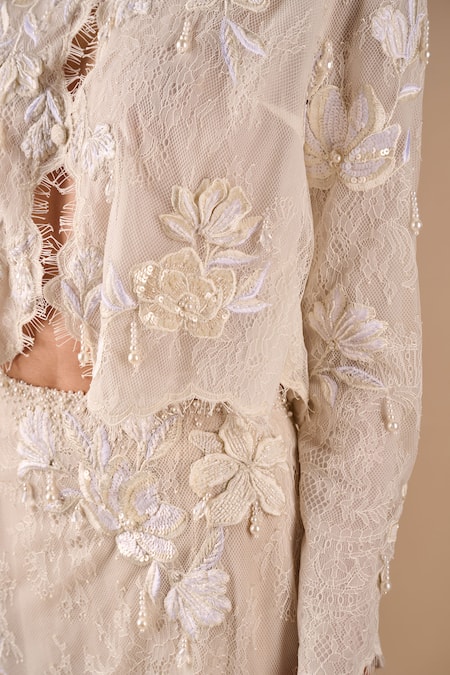 Buy_Shriya Som_Ivory Lace Embroidery, Sequins, Pearls, Applique, Floral Jacket And Skirt Set _Online_at_Aza_Fashions