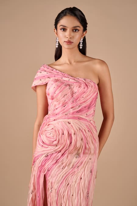 Buy_Shriya Som_Pink Organza Crystals, Stones Asymmetric Two Textured Slit Gown _Online_at_Aza_Fashions